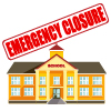 Icon of school with emergency closure sign.